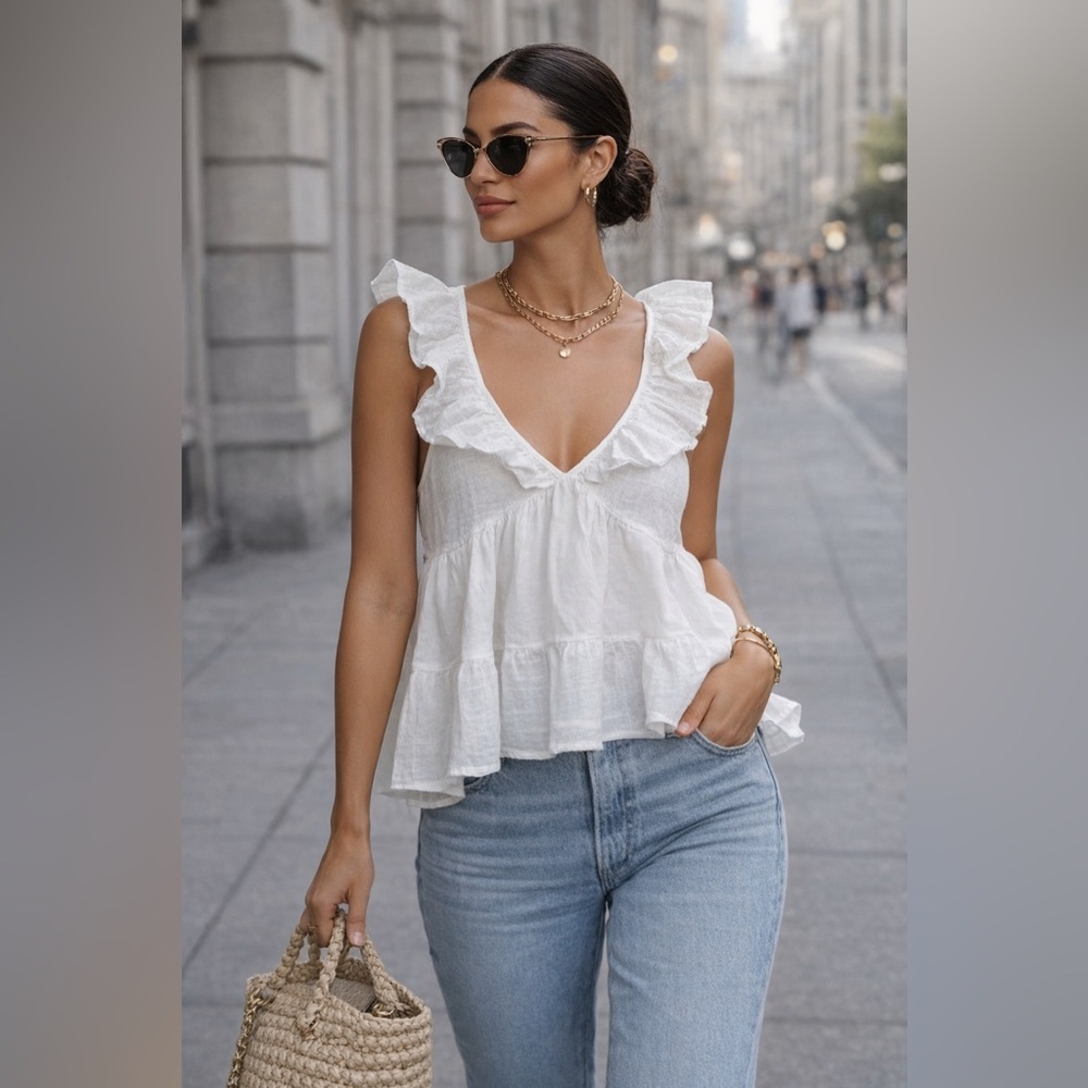 Zara White Ruffle Sleeveless Blouse